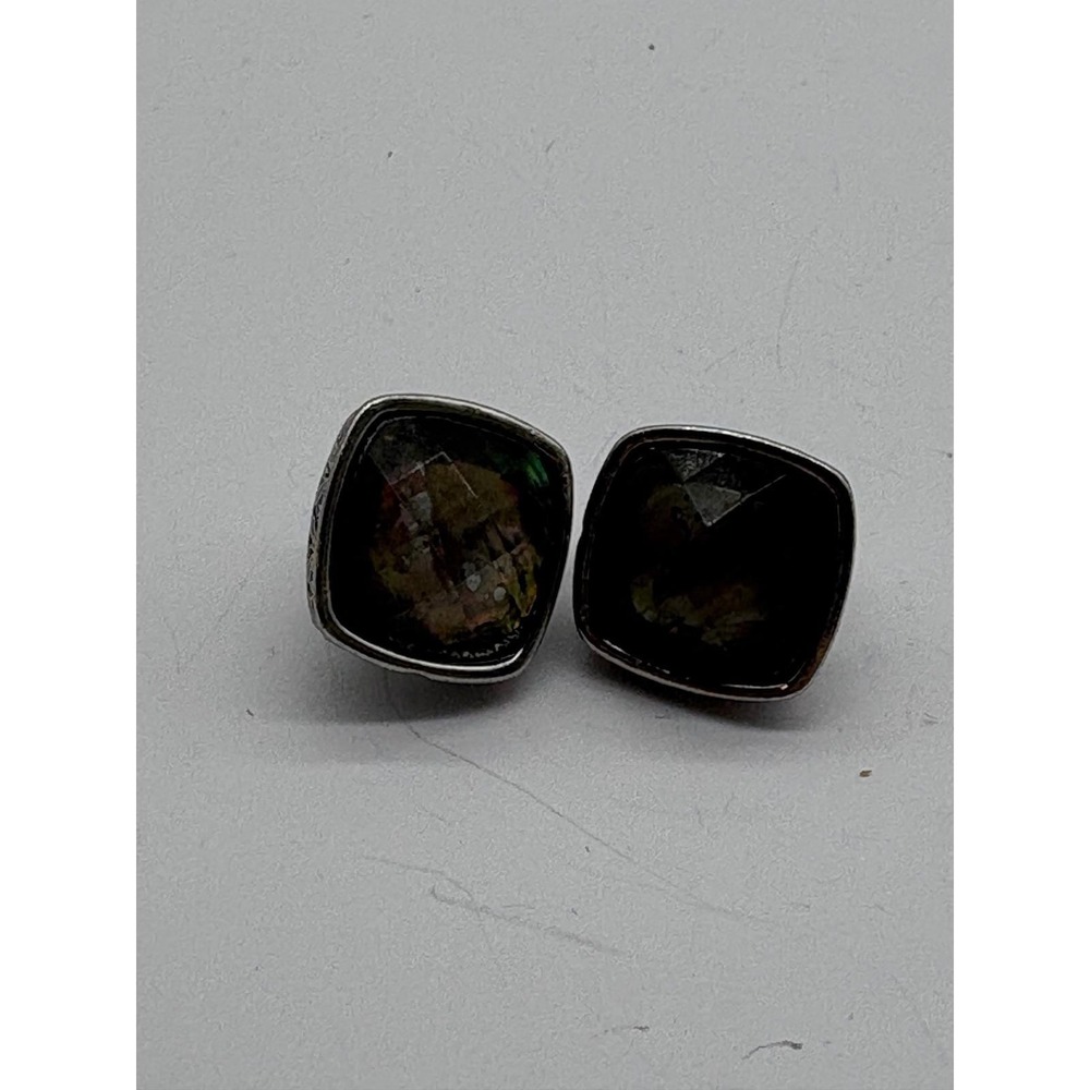 Vintage Iridescent Square Cushion Clip On Earrings Silver Tone Engraved Filigree
